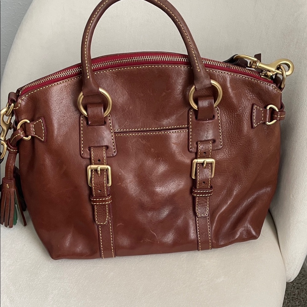 Dooney & Bourke Dark Brown Leather Florentine Satchel with Tassel Accent - Picture 6 of 9